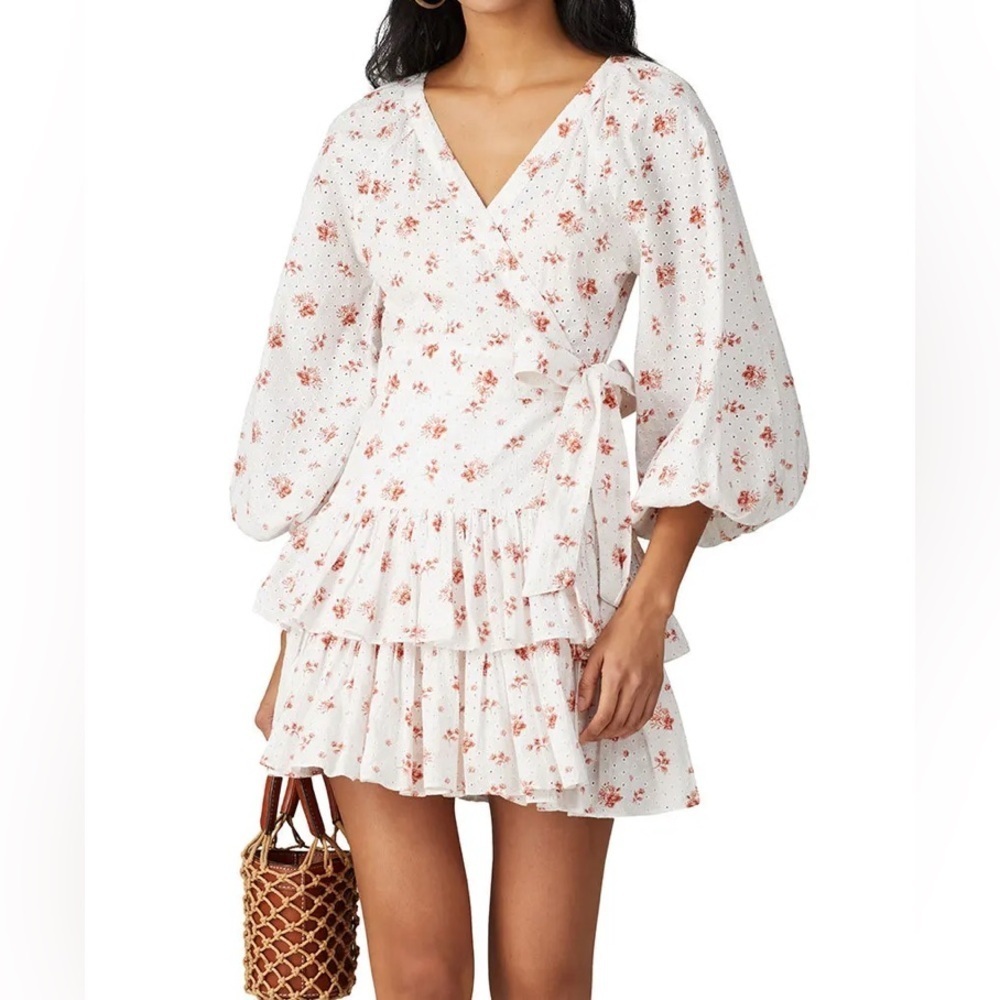 Maia Bergman Ines Floral Wrap Ruffle Mini Dress Red White Size Large